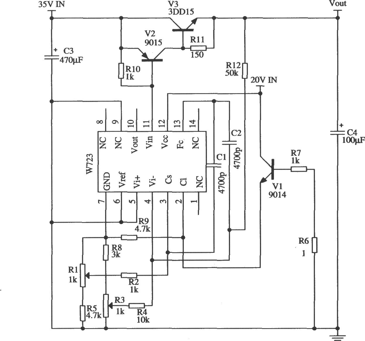 W723的輸出電壓和電流均可調(diào)的應(yīng)用電路