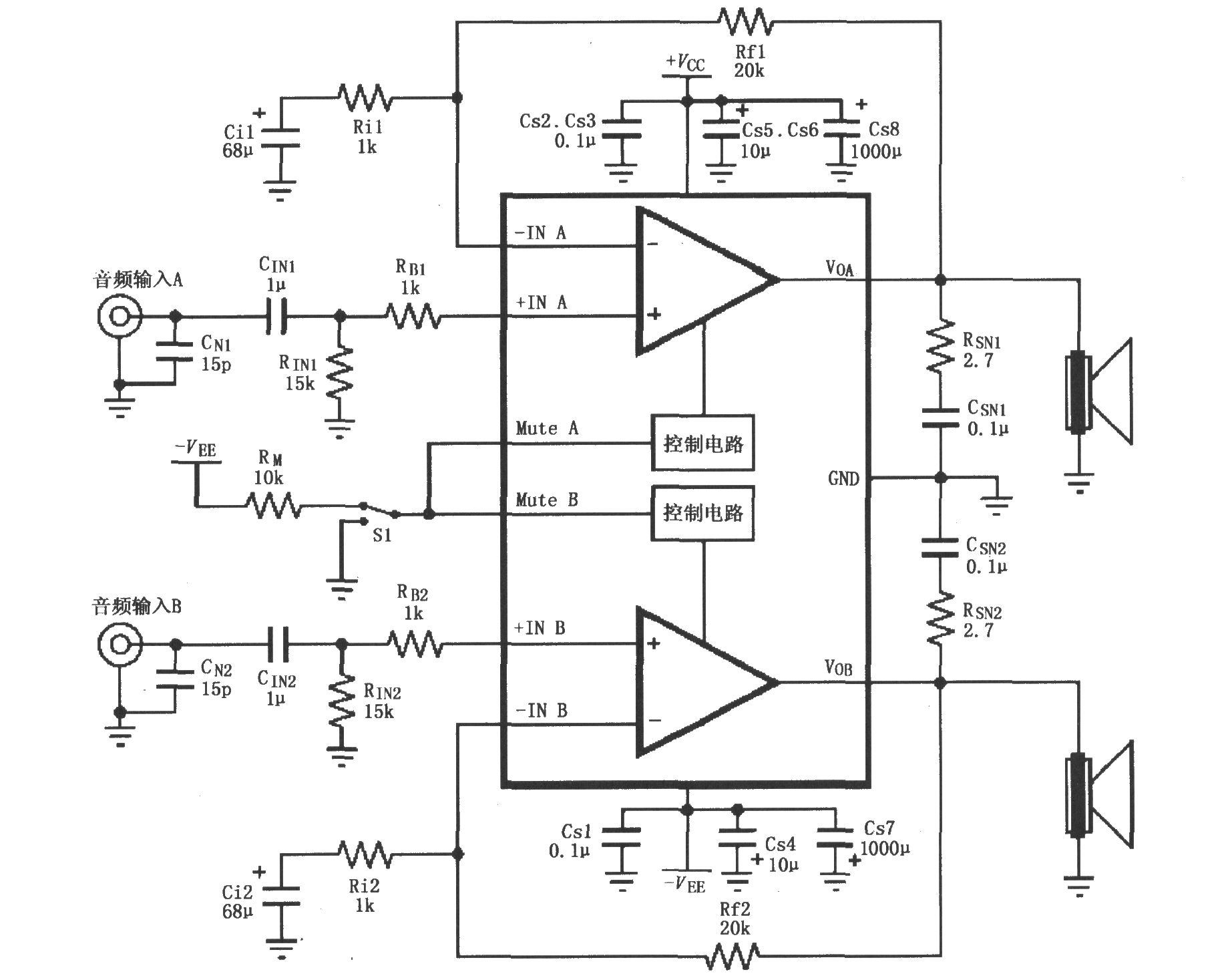 LM4732雙電源音頻功率放大電路