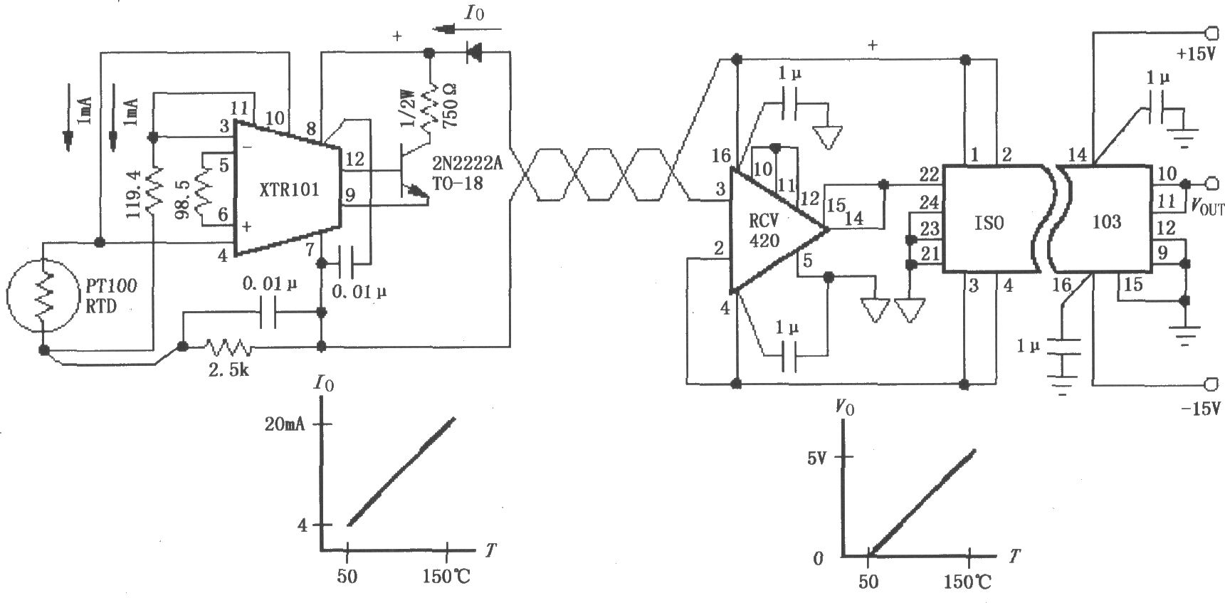 由ISO103與XTRl01構(gòu)成的隔離式4～20mA儀器環(huán)路電路