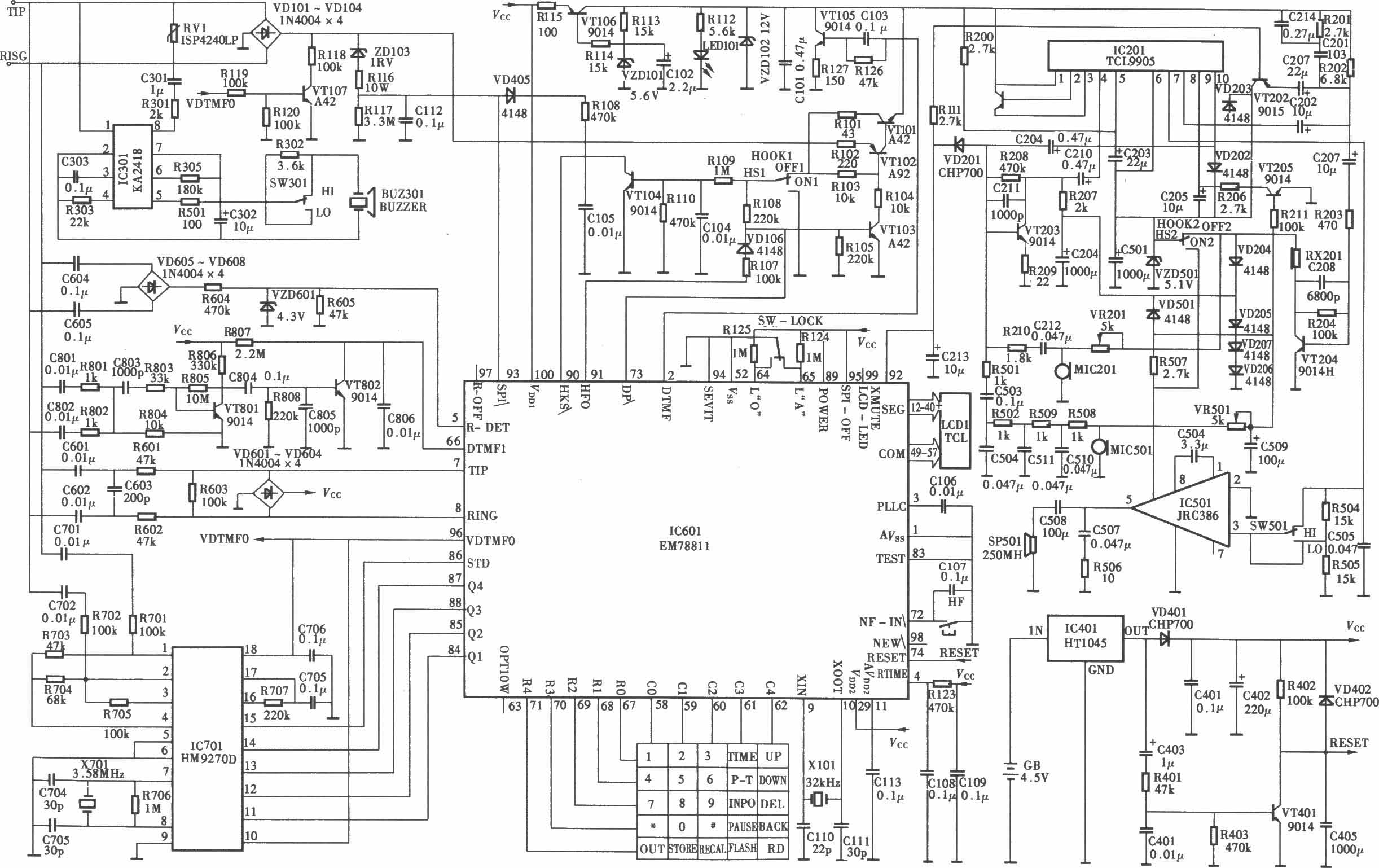 TCL HCD868(5)TDL型來電顯示電話機電路