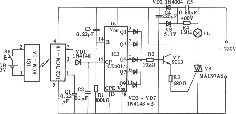 采用RCM-1A/1B無線電遙控照明燈電路