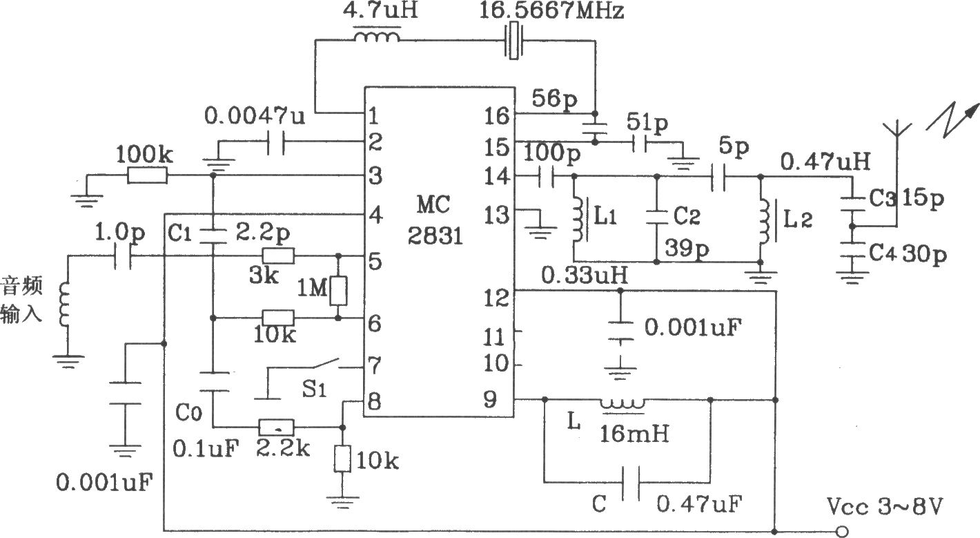 由MC2831構(gòu)成的無線電發(fā)射典型應(yīng)用電路