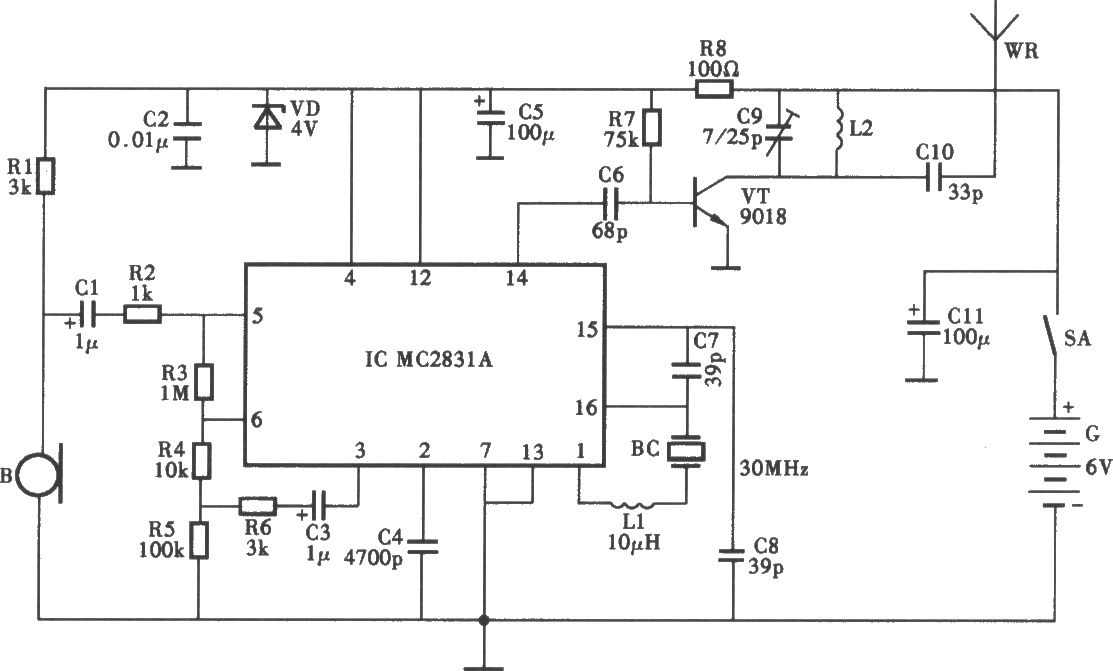 采用MC2831的无线话筒电路