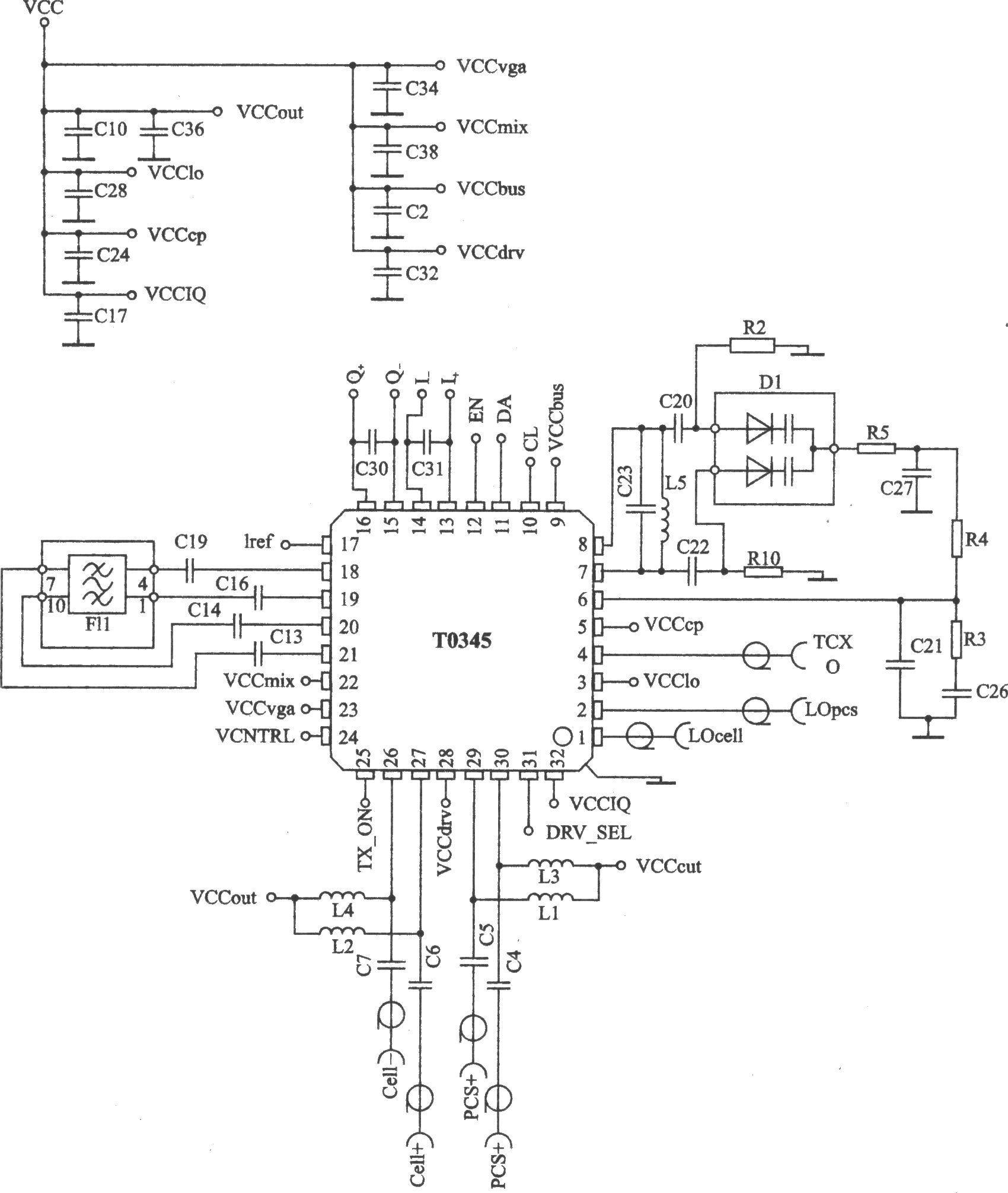 T0345 I/Q AMPS/CDMA l900～1750 MHz/849～824 MHz雙頻三模發(fā)射