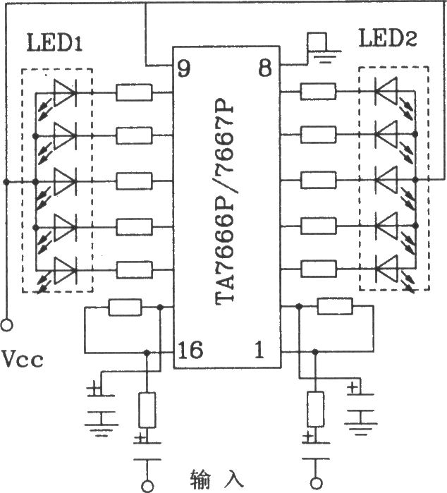 HA7666P／TA7667P構(gòu)成兩條5點(diǎn)LED顯示驅(qū)動(dòng)電路