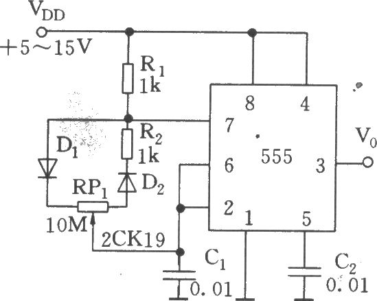 如图所示,555与r1,r2,rp1,d1,d2,c1组成无稳态多谐振荡器.