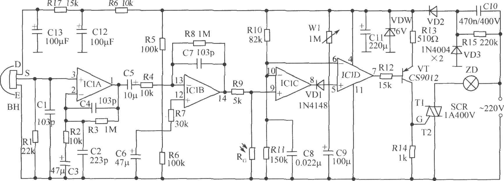 人體熱電自動(dòng)節(jié)能燈電路圖