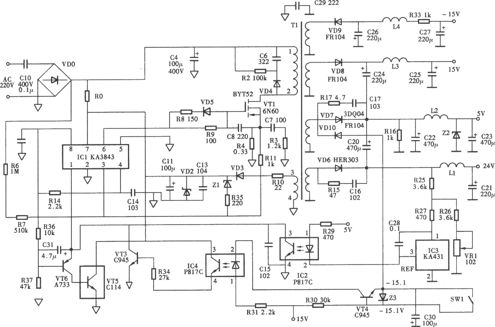 中晶MRS-1200TP掃描儀開關(guān)電源電路