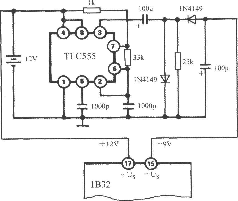 4利用TLC555產(chǎn)生負電源的電路(橋式傳感器信號調(diào)理器1B32)