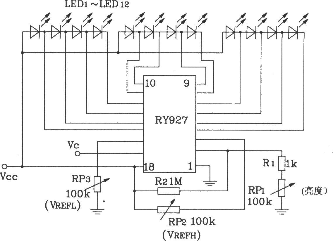 RY927多段LED驅動線性顯示器典型應用電路