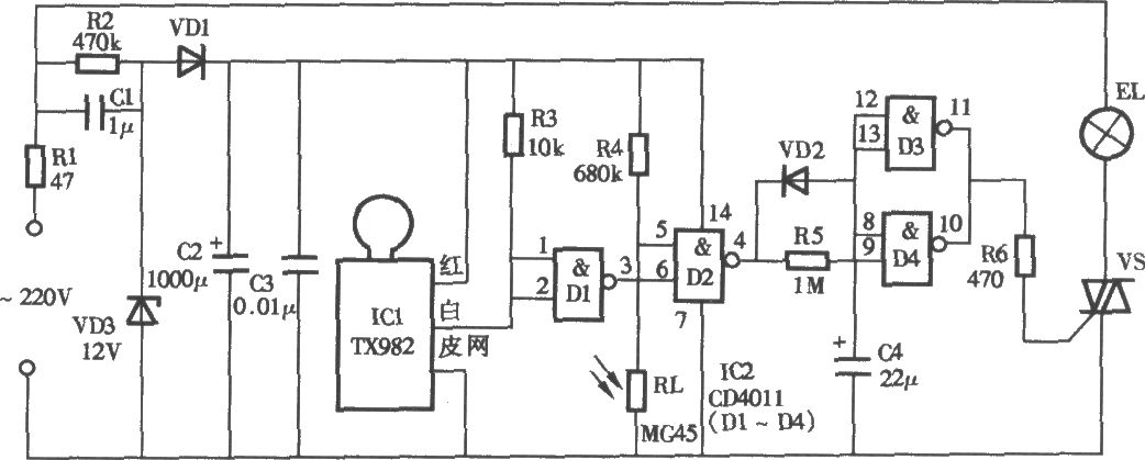 采用TX928微波探測(cè)照明燈電路