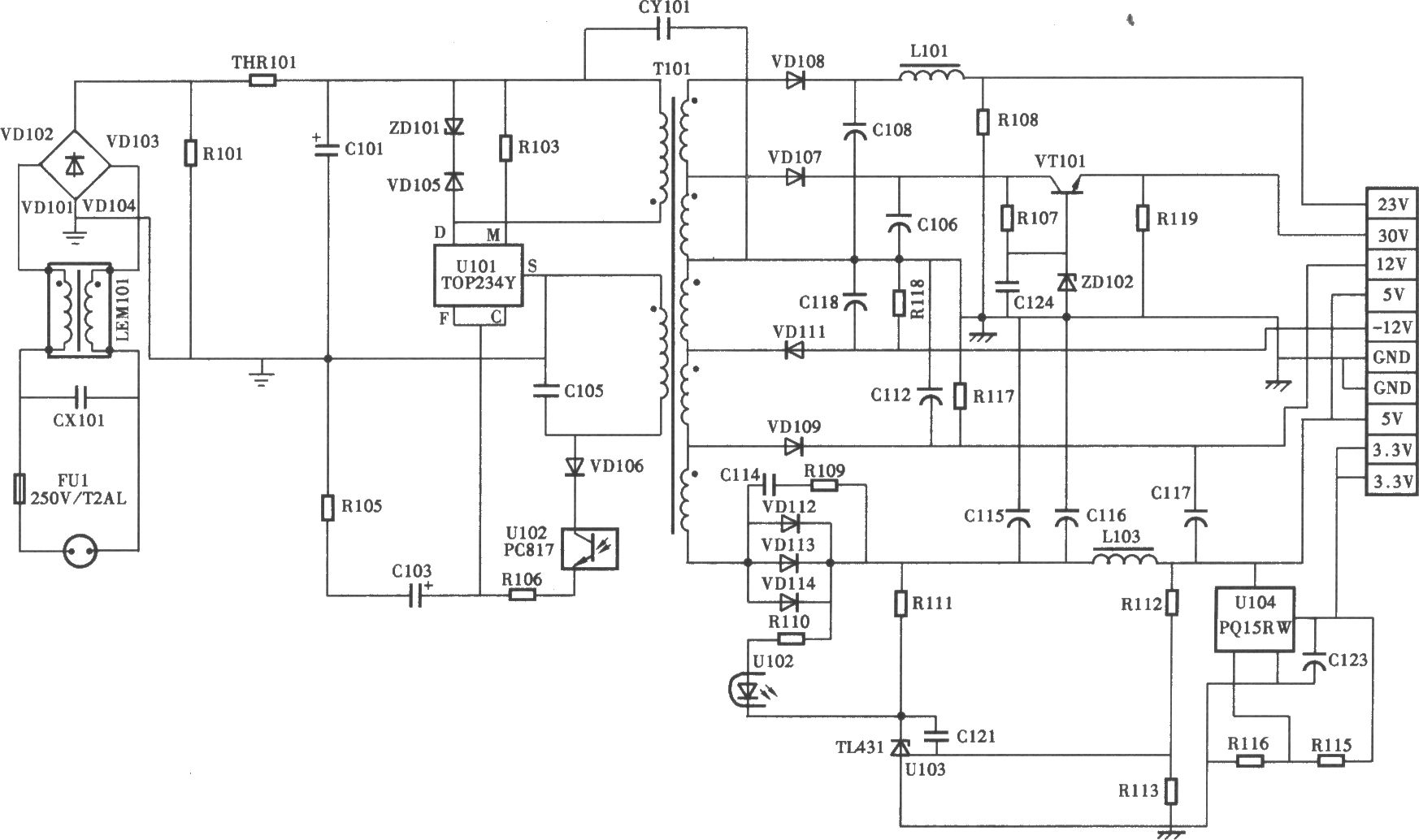 同洲CDVBC2200B型數(shù)字有線電視機(jī)頂盒電源電路