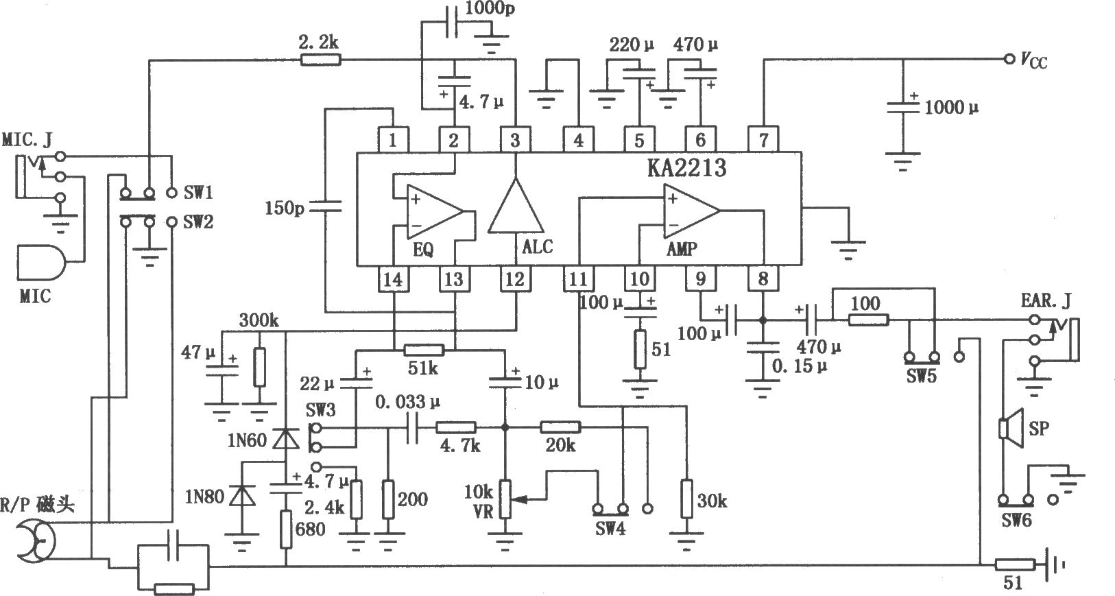 KA2213單片錄放音機電路