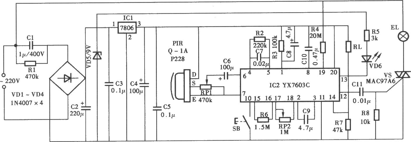 采用YX7603C熱釋電紅外控制照明燈電路