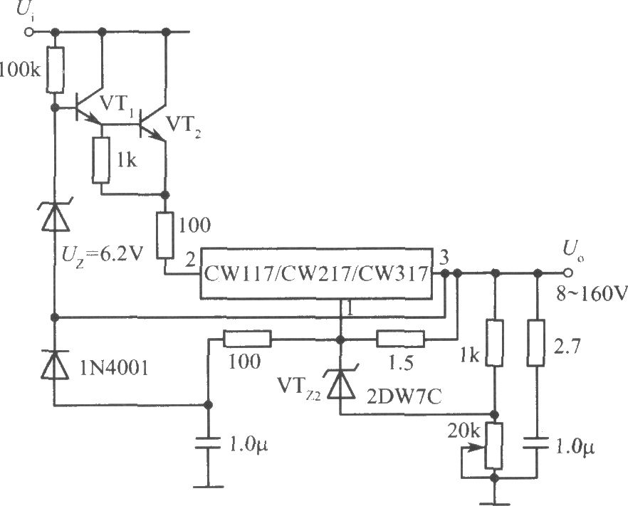 CW117／CW217／CW317構(gòu)成的8～160V可調(diào)集成穩(wěn)壓電源