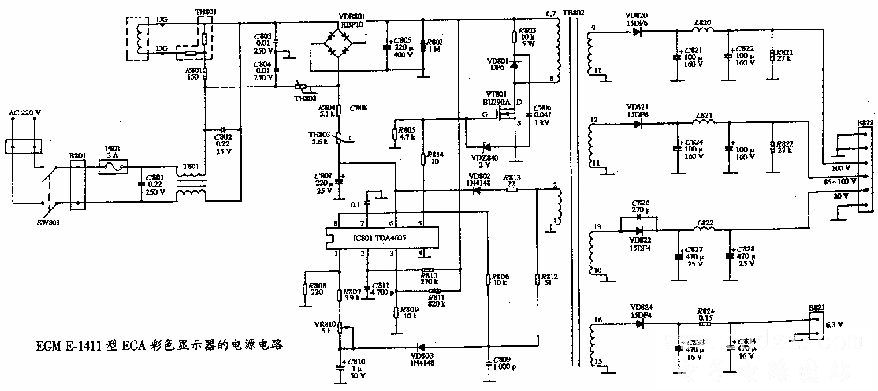 EGM E-1411彩色显示器的电源电路图