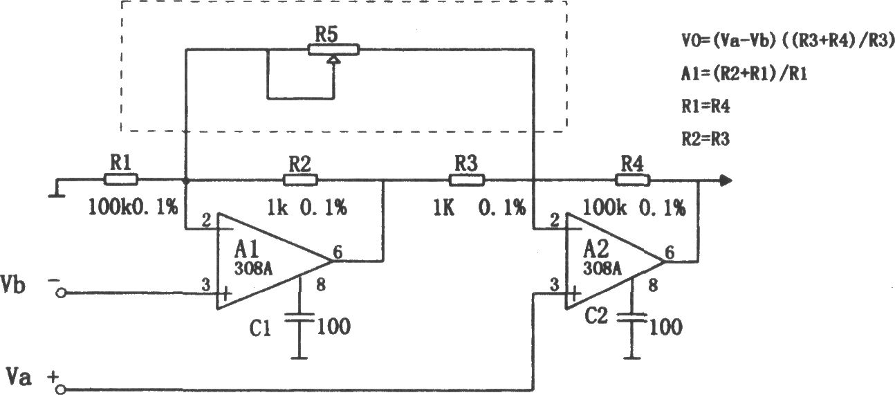 308集成運(yùn)放構(gòu)成的高輸入阻抗儀用放大器