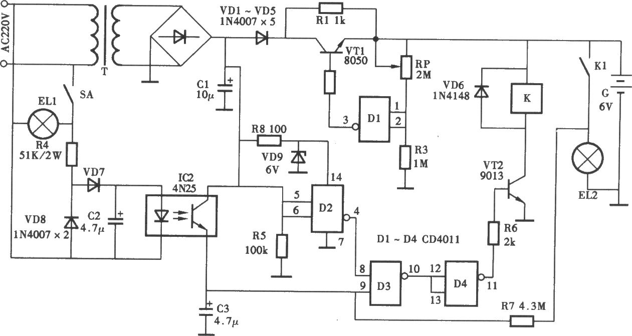 光耦合應(yīng)急照明燈電路