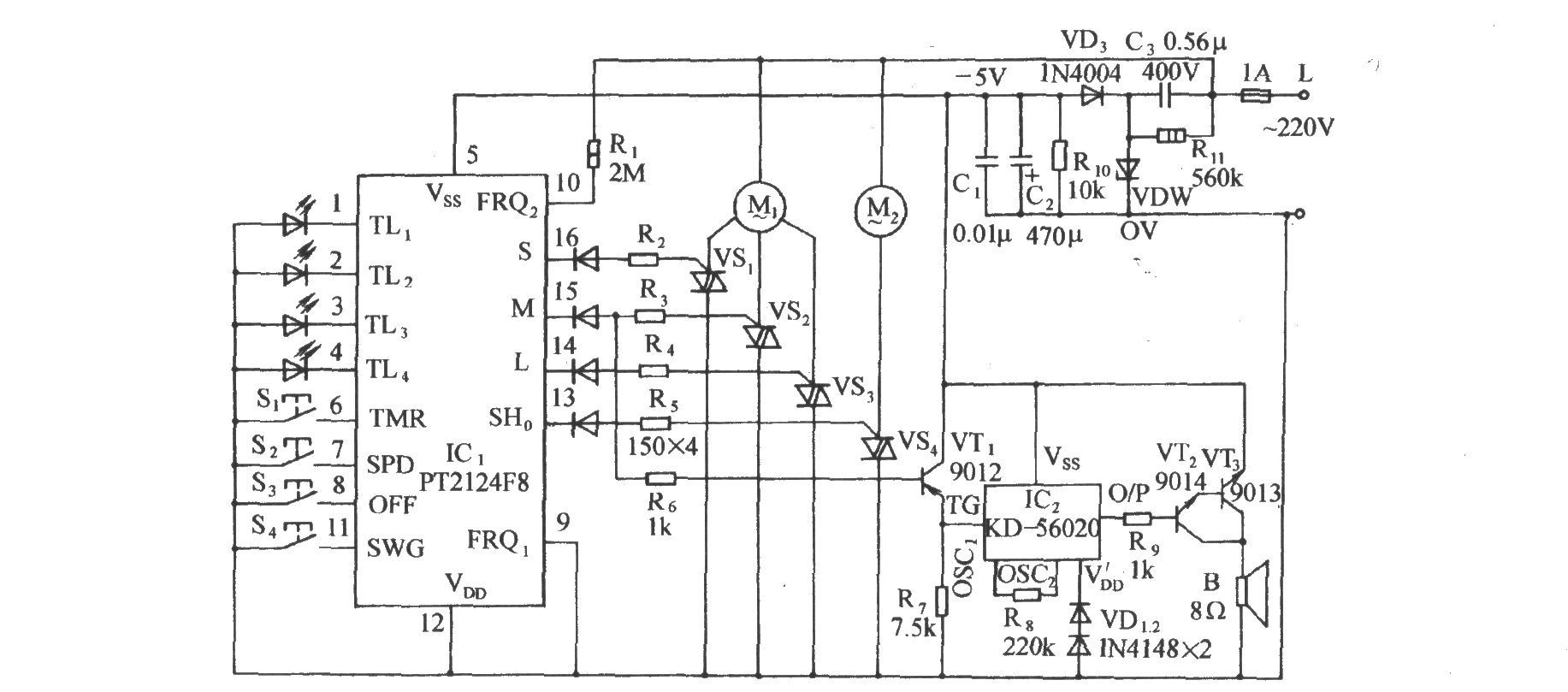 用PT2124的多功能電風扇伴蟋蟀聲控制電路