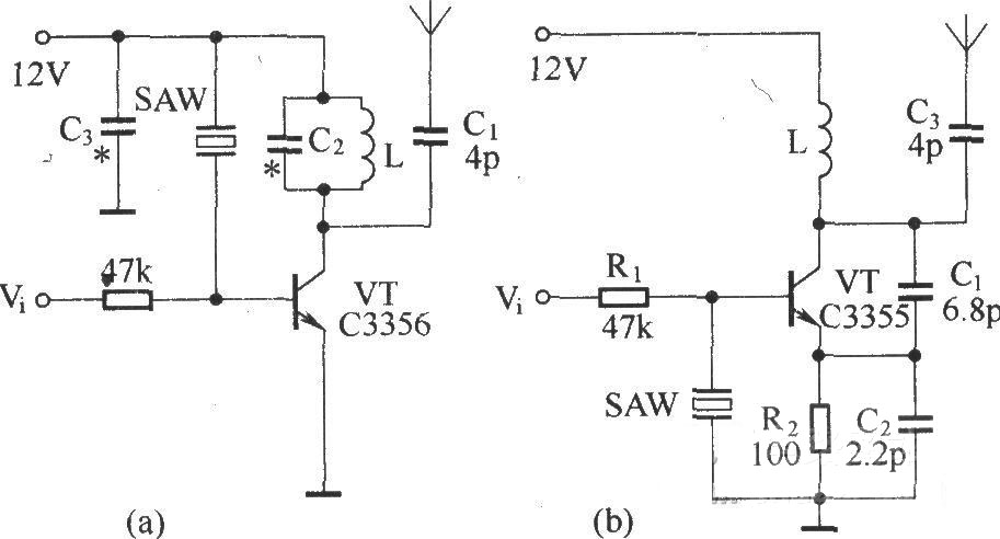 由聲表面波諧振器(SAW)組成的基本無(wú)線電發(fā)射電路