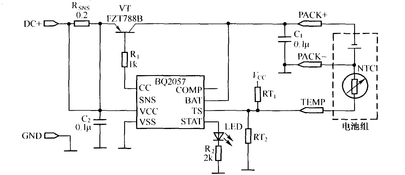 采用PNP晶體管設計的BQ2057充電器電路