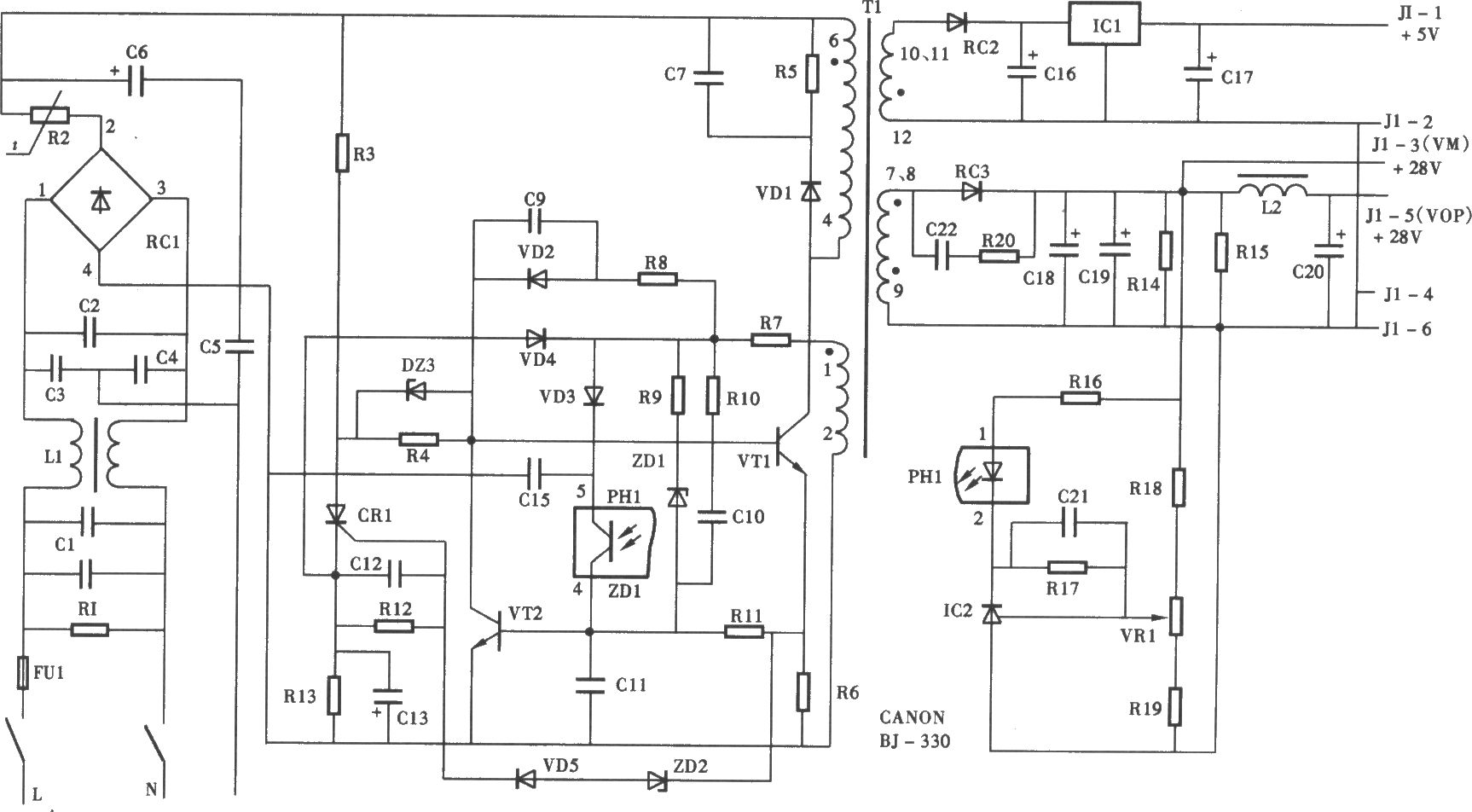 佳能BJ-330噴墨打印機開關(guān)電源電路