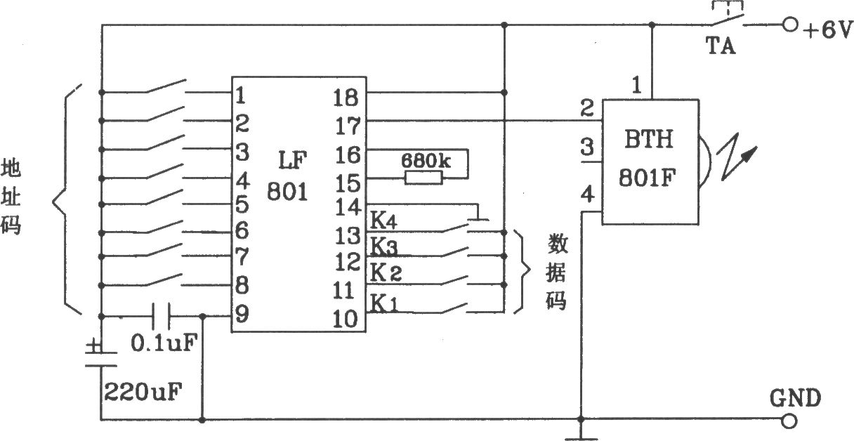 由BTH-801F/801J紅外遙控發(fā)射、接收模塊構(gòu)成的發(fā)射、接收電路