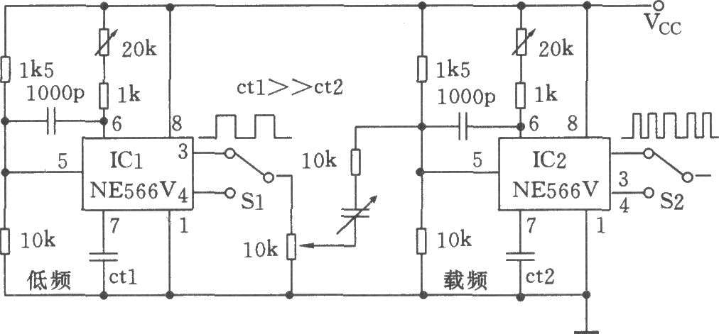 兩只NE566V構成低頻FM發生器