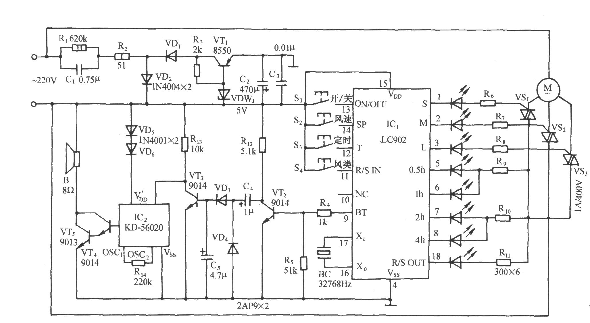 用LC902的多功能電風扇伴鳥鳴聲控制電路