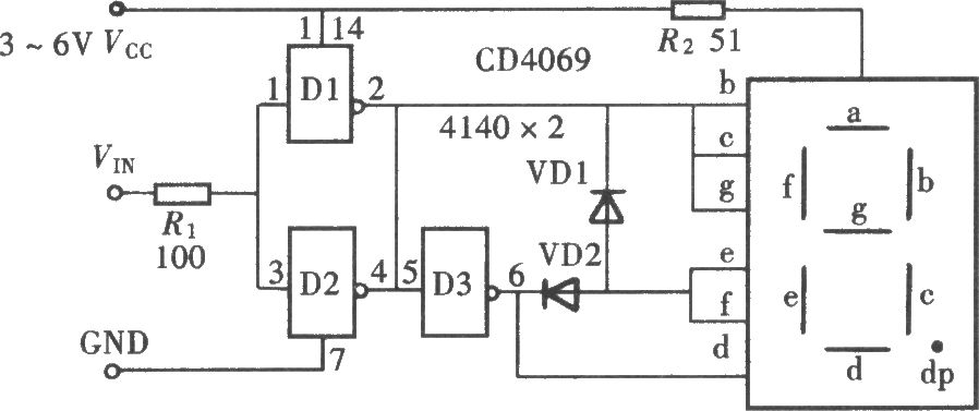 用門電路組成的文字顯示型邏輯筆之一(CD4069)