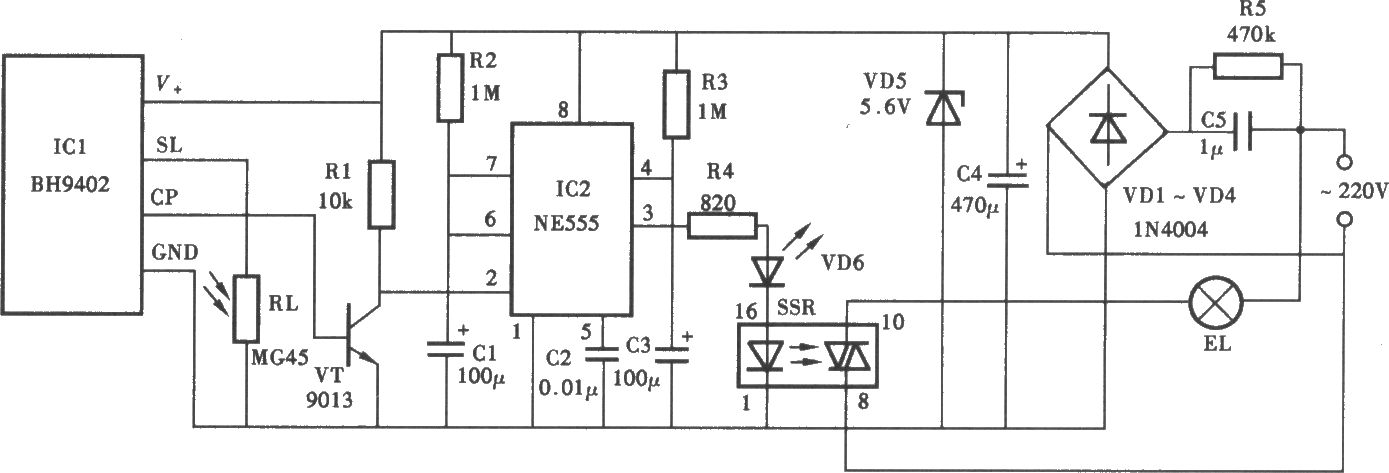 采用BH9402的熱釋電紅外控制照明燈電路