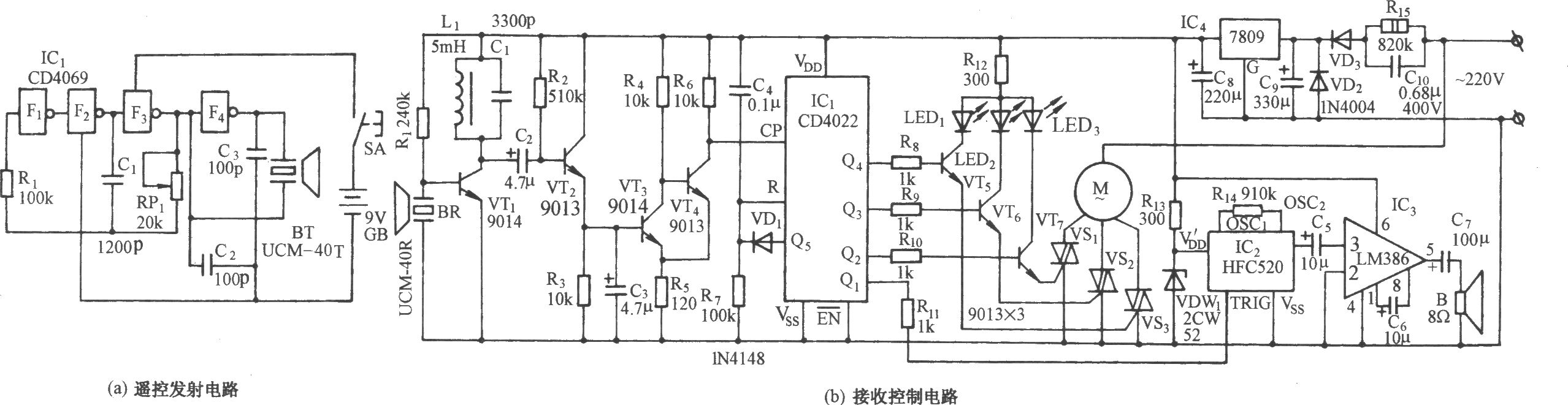 超聲波遙控電風扇變速伴海浪聲電路(一)