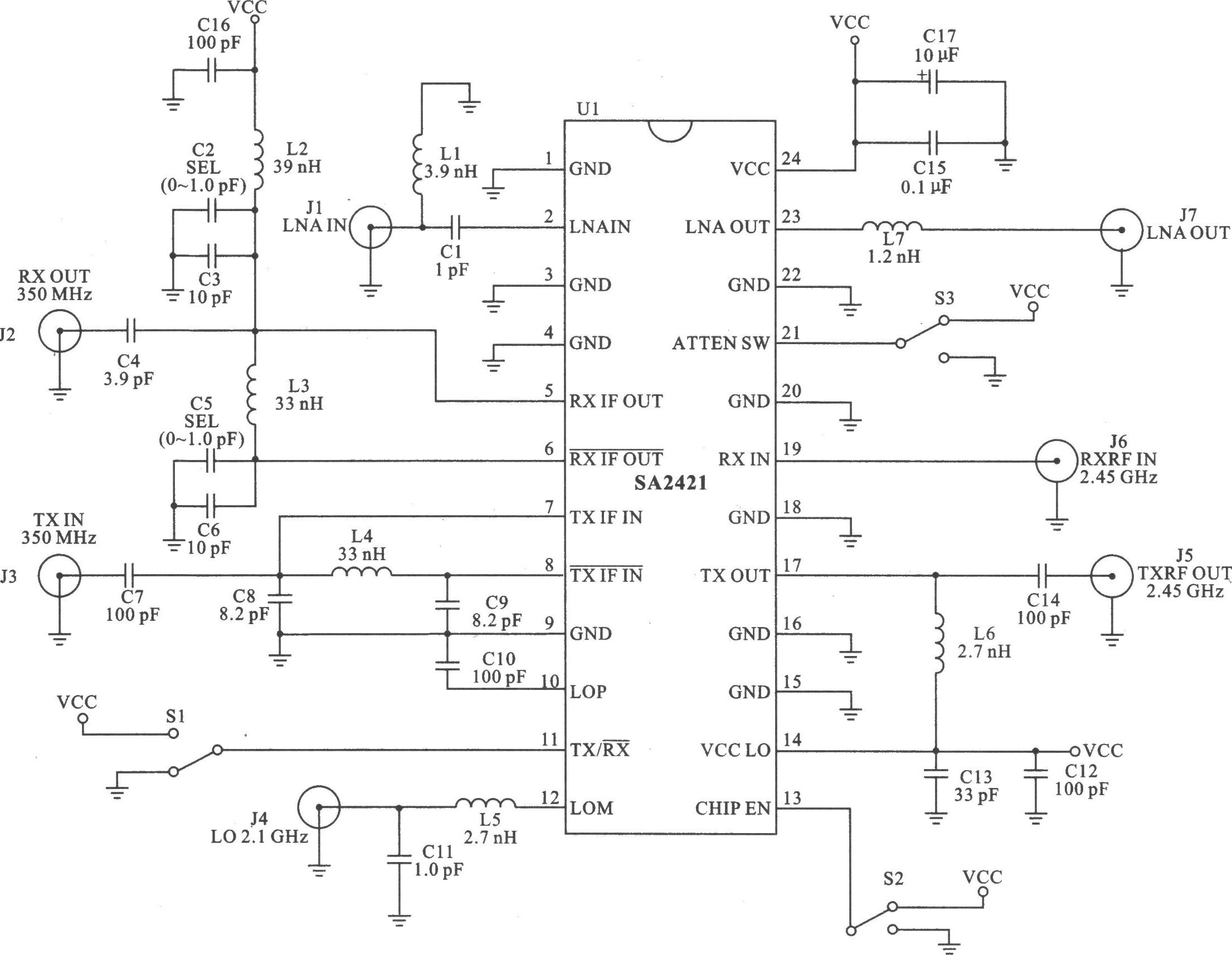 SA2421 2.45 GHz低電壓RF收發(fā)器