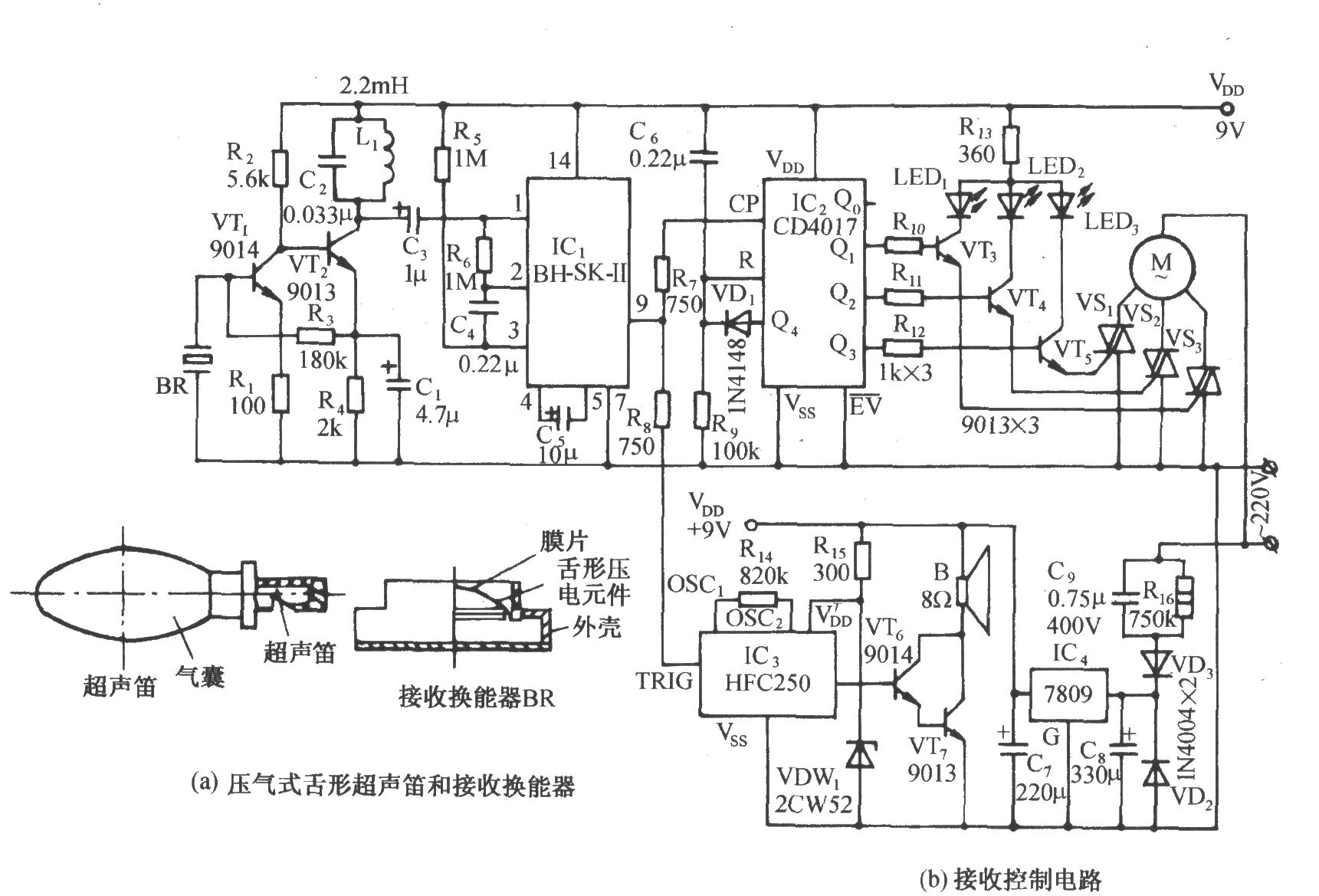 亚超声笛遥控风扇调速伴海浪发声电路