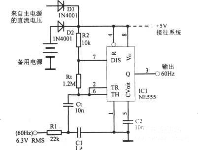 555定時(shí)器構(gòu)成60Hz時(shí)鐘振蕩信號(hào)電路