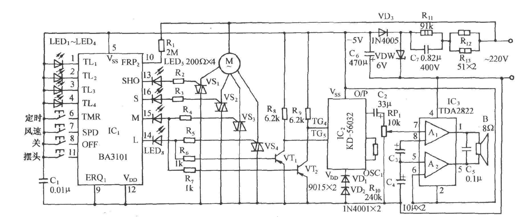 用BA3101的多功能電風(fēng)扇控制電路