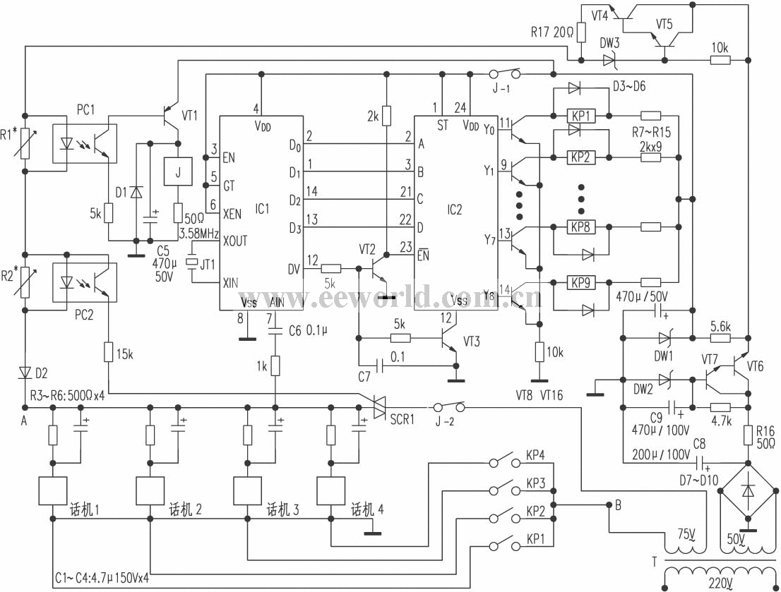 簡易單位內(nèi)部電話交換機電路