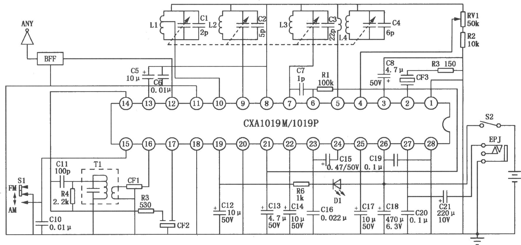 CXA1019M/1019P/1019S FM/AM單片收音機電路