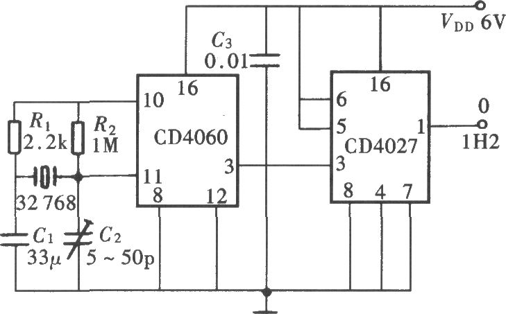 1Hz時鐘信號源電路(CD4060、CD4027)