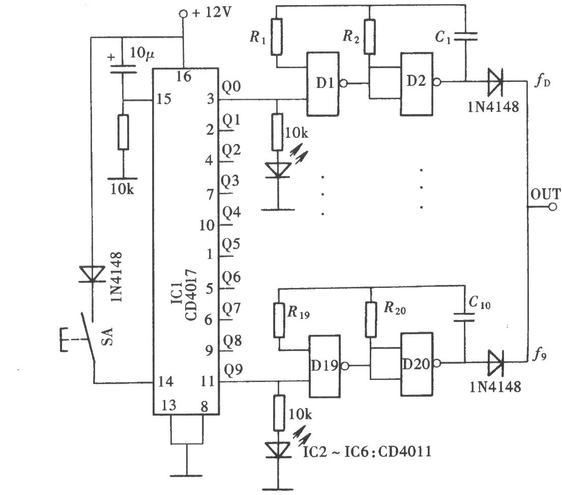 十擋頻率信號發生器(CD4011、CD4017)