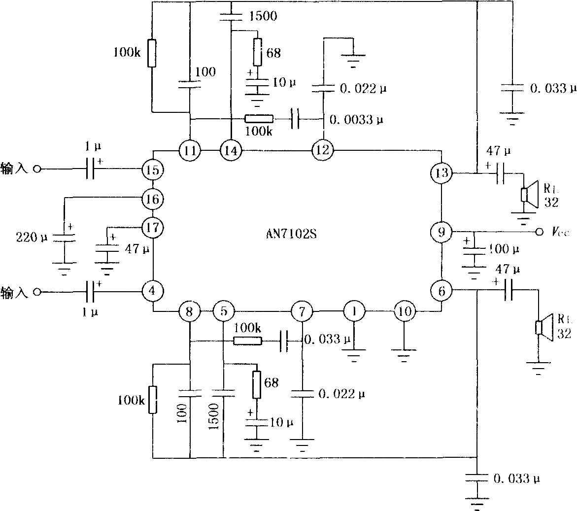 AN102S双声道音频功率放大器的典型应用电路