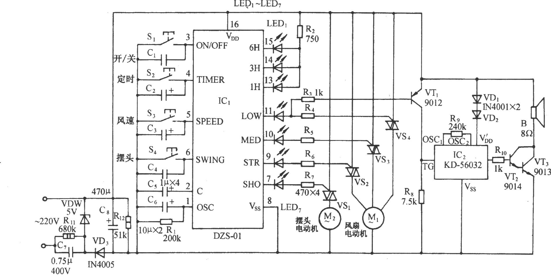 用DZS-01的多功能電風扇控制電路