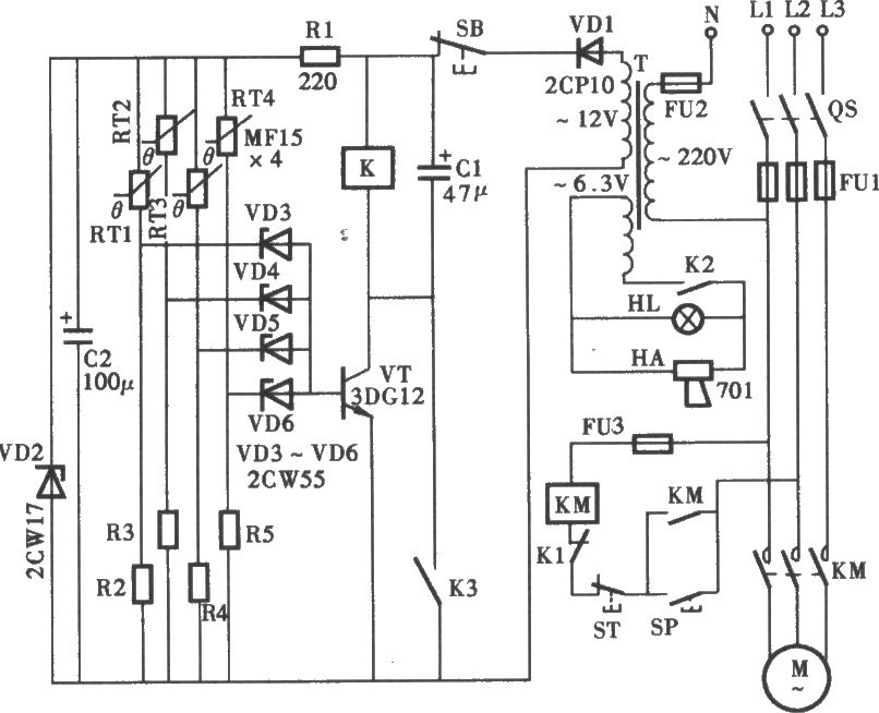 三相電動機(jī)過熱斷相保護(hù)電路