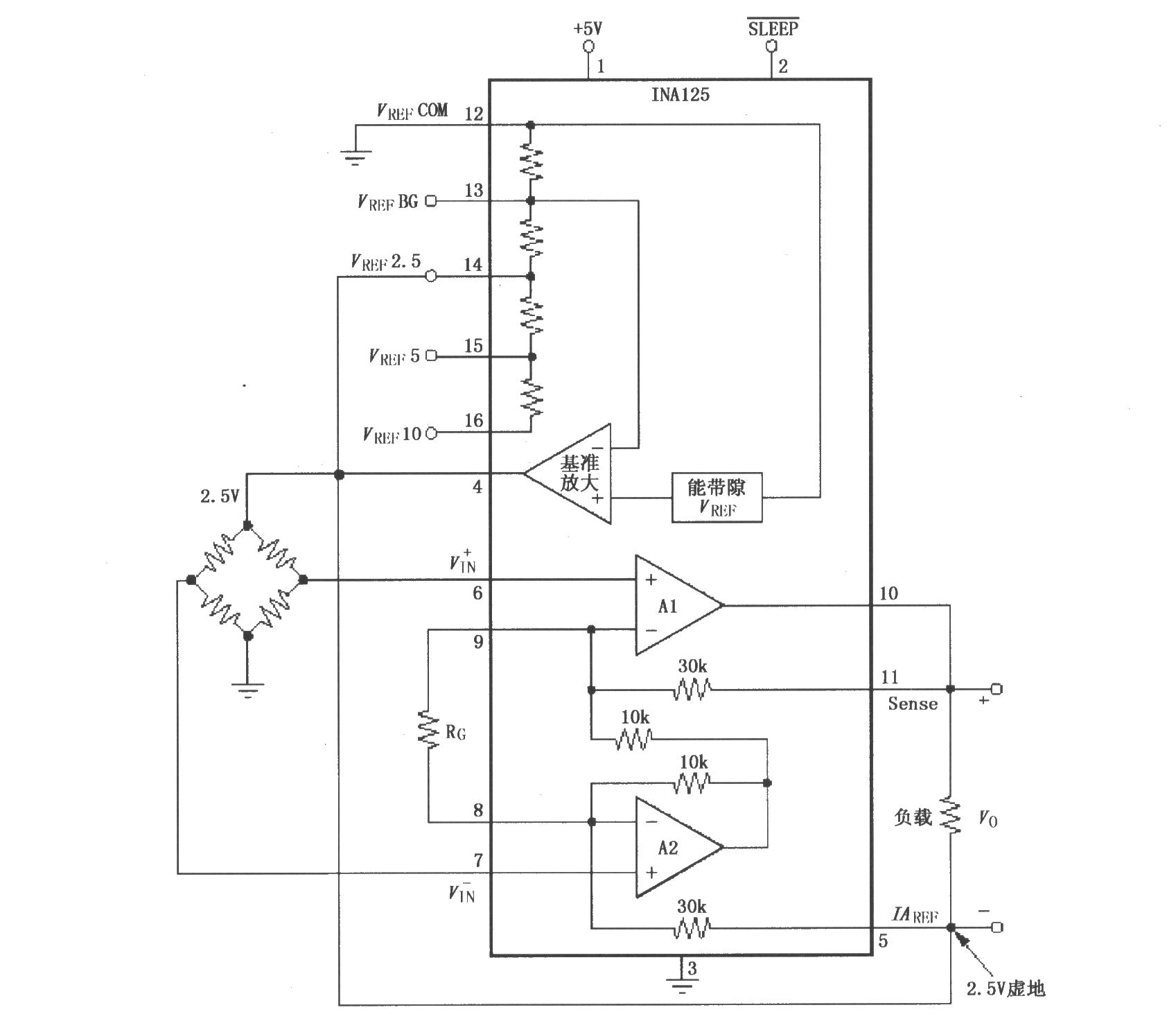 由INA125構(gòu)成的5V單電源虛地輸出電橋測量電路