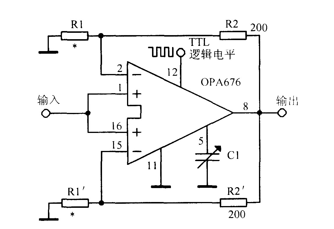 使用宽带开关输入运算放大器OPA676的增益可编程放大电路