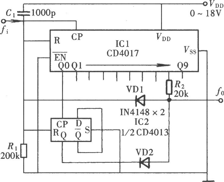 用CD4017組成分頻系數(shù)為18的分頻電路