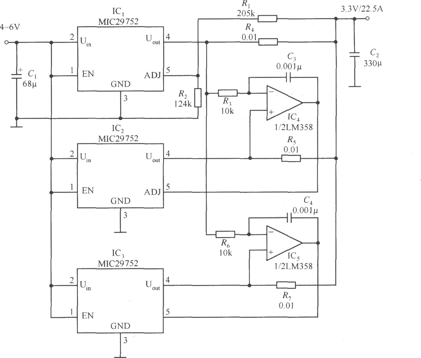 多個MIC29752并聯工作構成大電流輸出的穩壓器電路