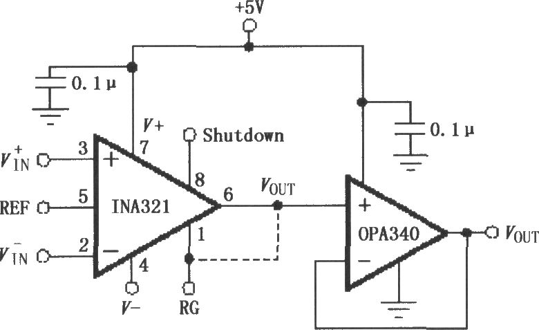 由OPA340构成的INA321／322输出缓冲电路