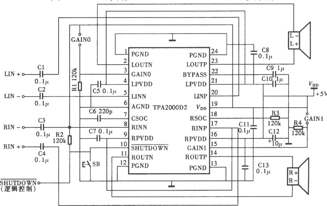 采用TPA2000D22WD類功放電路