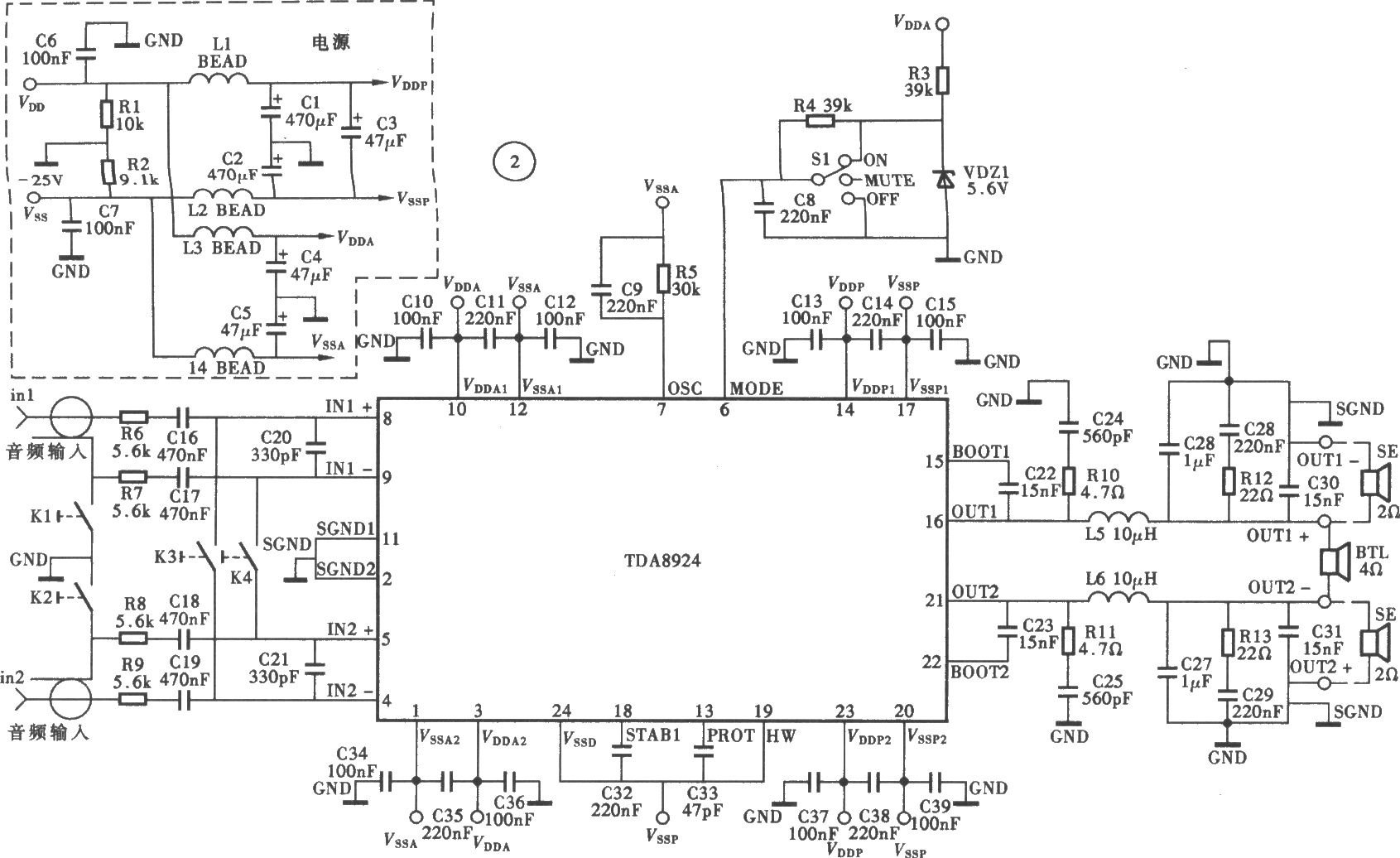 采用TDA7482单片25WD类功放电路